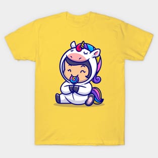 Cute Little Girl Wearing Unicorn Costume And Eat Lollipop T-Shirt